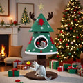 Christmas cat tree with green felt tree-shaped hideout, plush antlers, round base and teaser toy