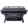 Oval charcoal tabletop cast iron grill with slotted grate and front latch, dark finish