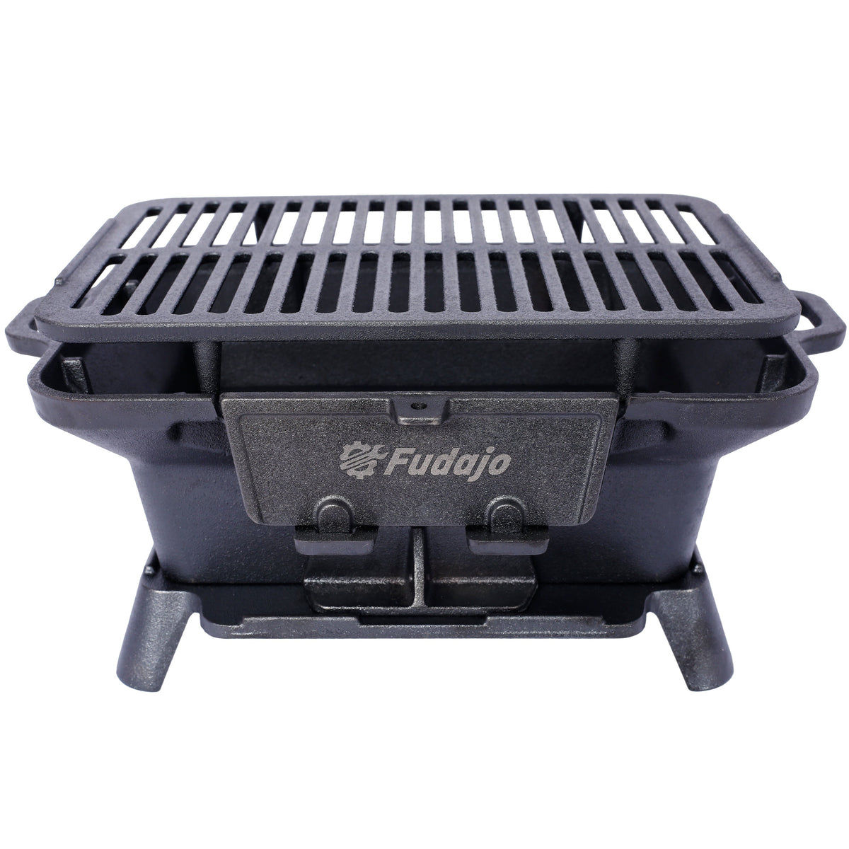 Oval charcoal tabletop cast iron grill with slotted grate and front latch, dark finish