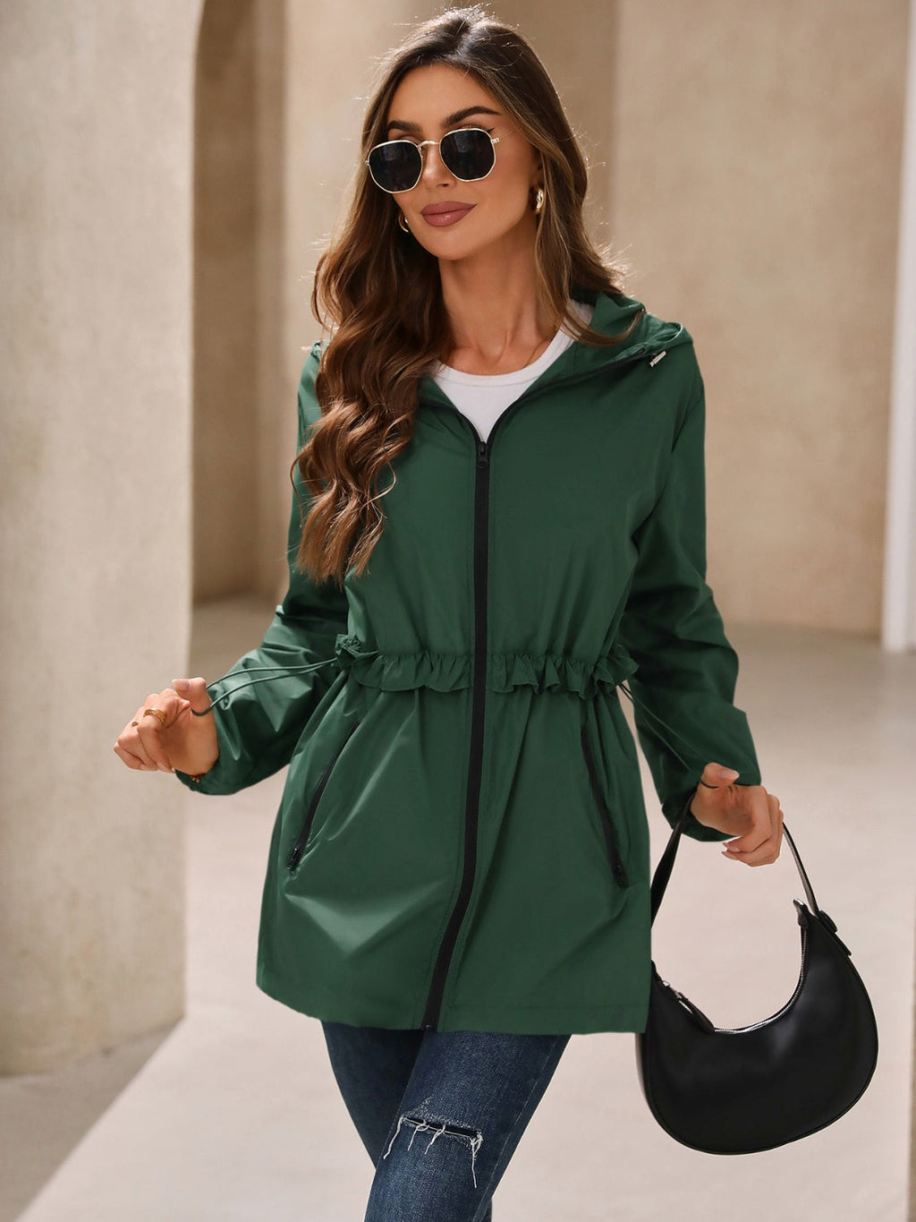 Women’s hooded windbreaker jacket, dark green with full zipper and gathered waist