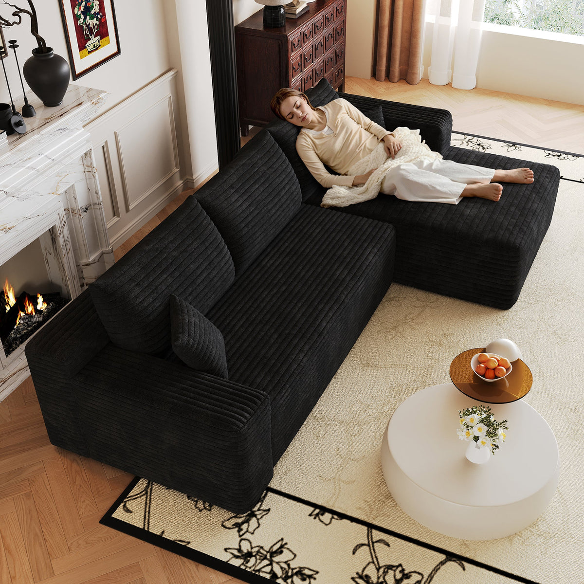Plush corduroy sectional sofa with chaise arm and thick low-profile cushions