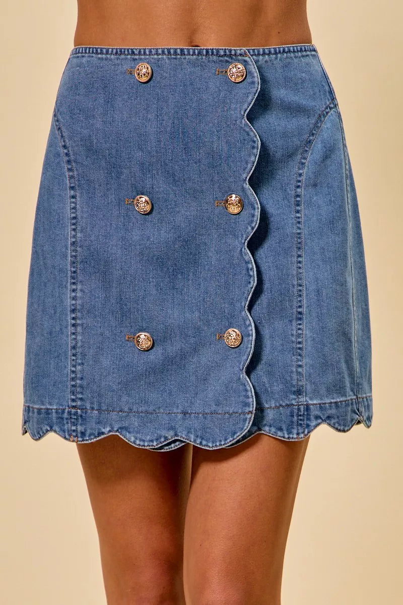Denim scalloped button-front skirt with gold buttons and curved front placket