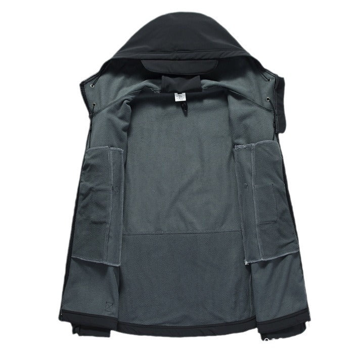Three-in-one all-weather shell jacket in dark green with hood, zip, and visible lining