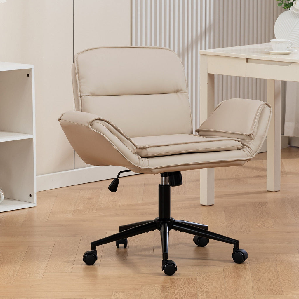 Beige swivel desk chair with adjustable armrests and caster wheels