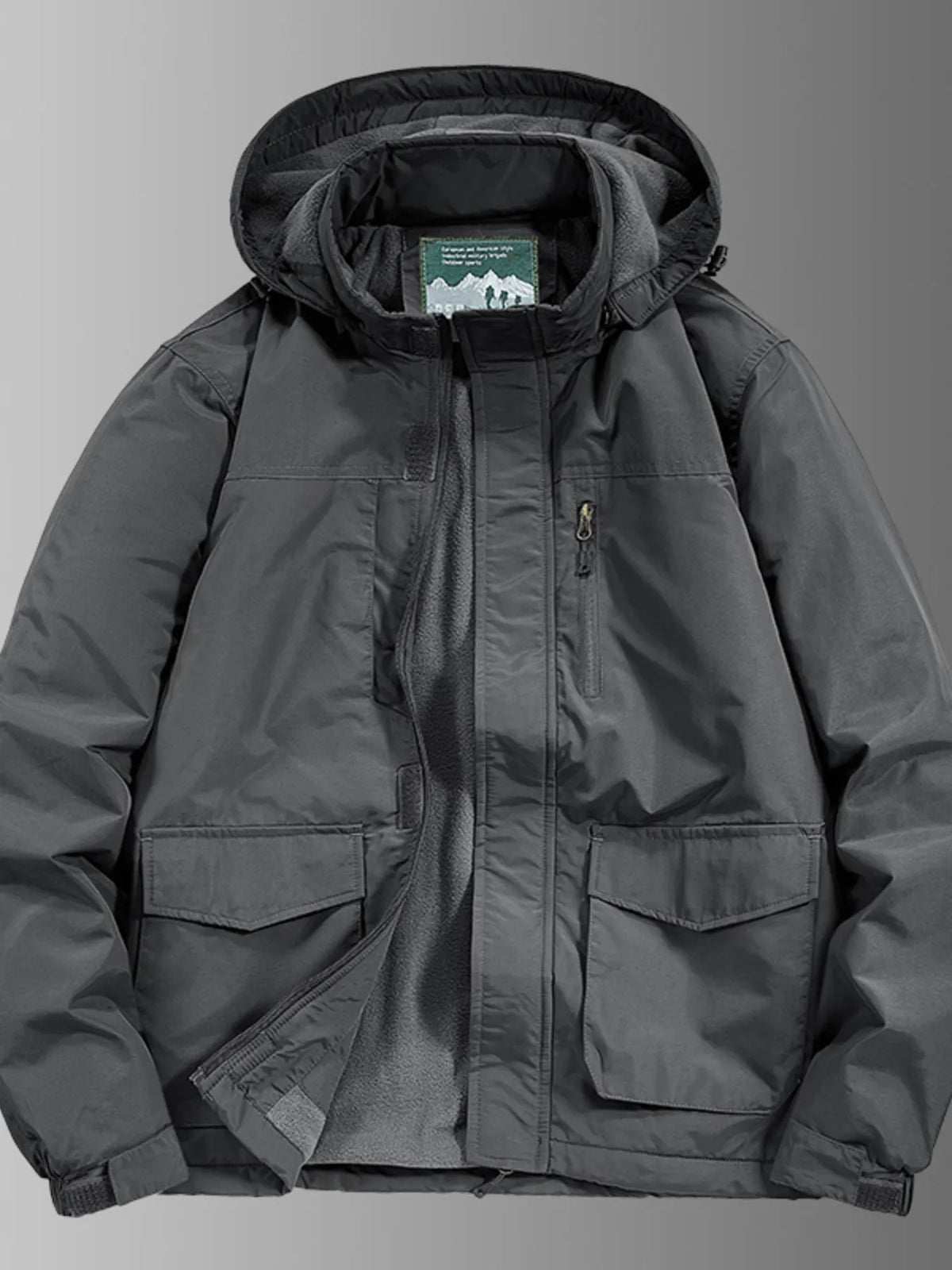 Men's waterproof hooded outdoor jacket, gray with front zip and dual chest pockets