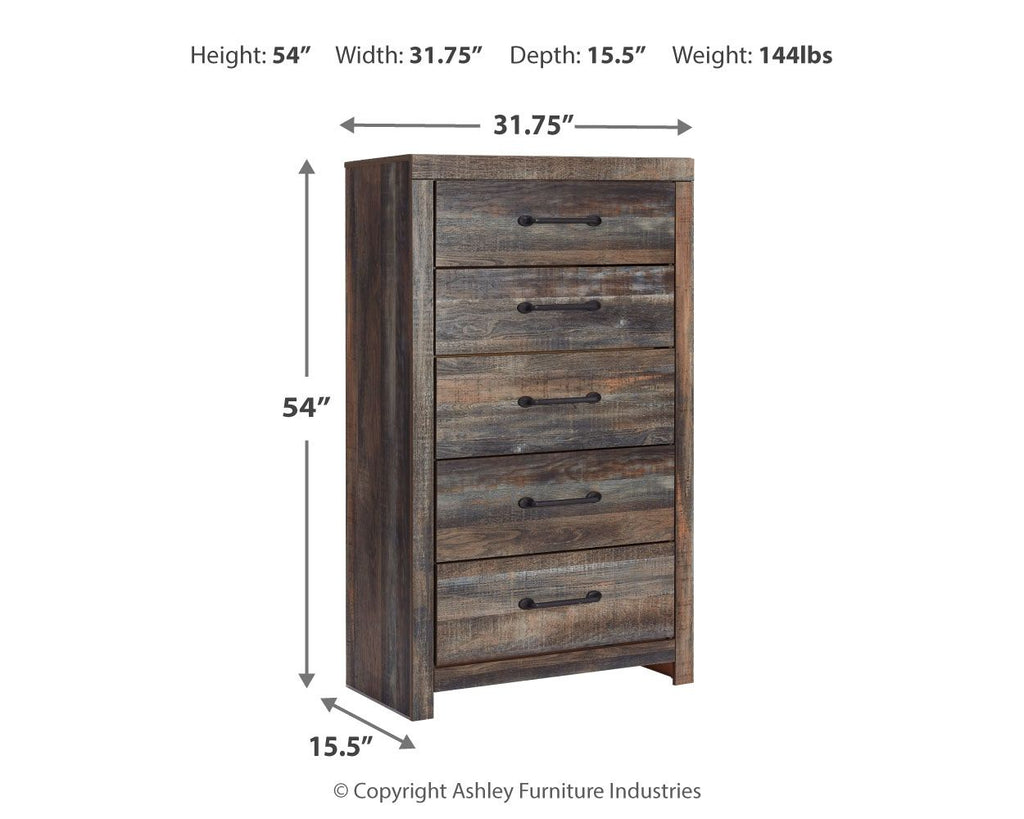 Tall chest of drawers in gray-brown wood with black bar pulls (dimensions shown)