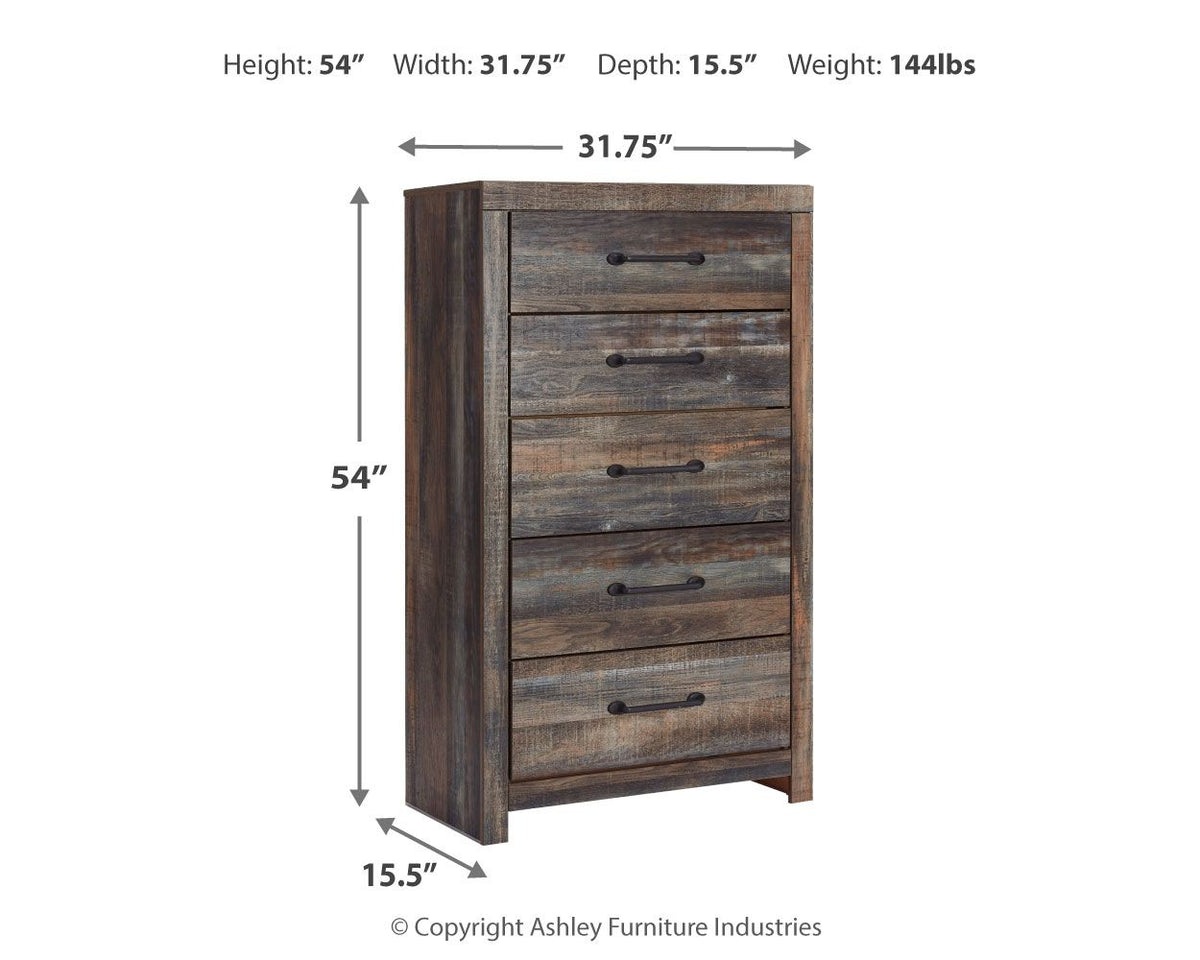 Tall chest of drawers in gray-brown wood with black bar pulls (dimensions shown)