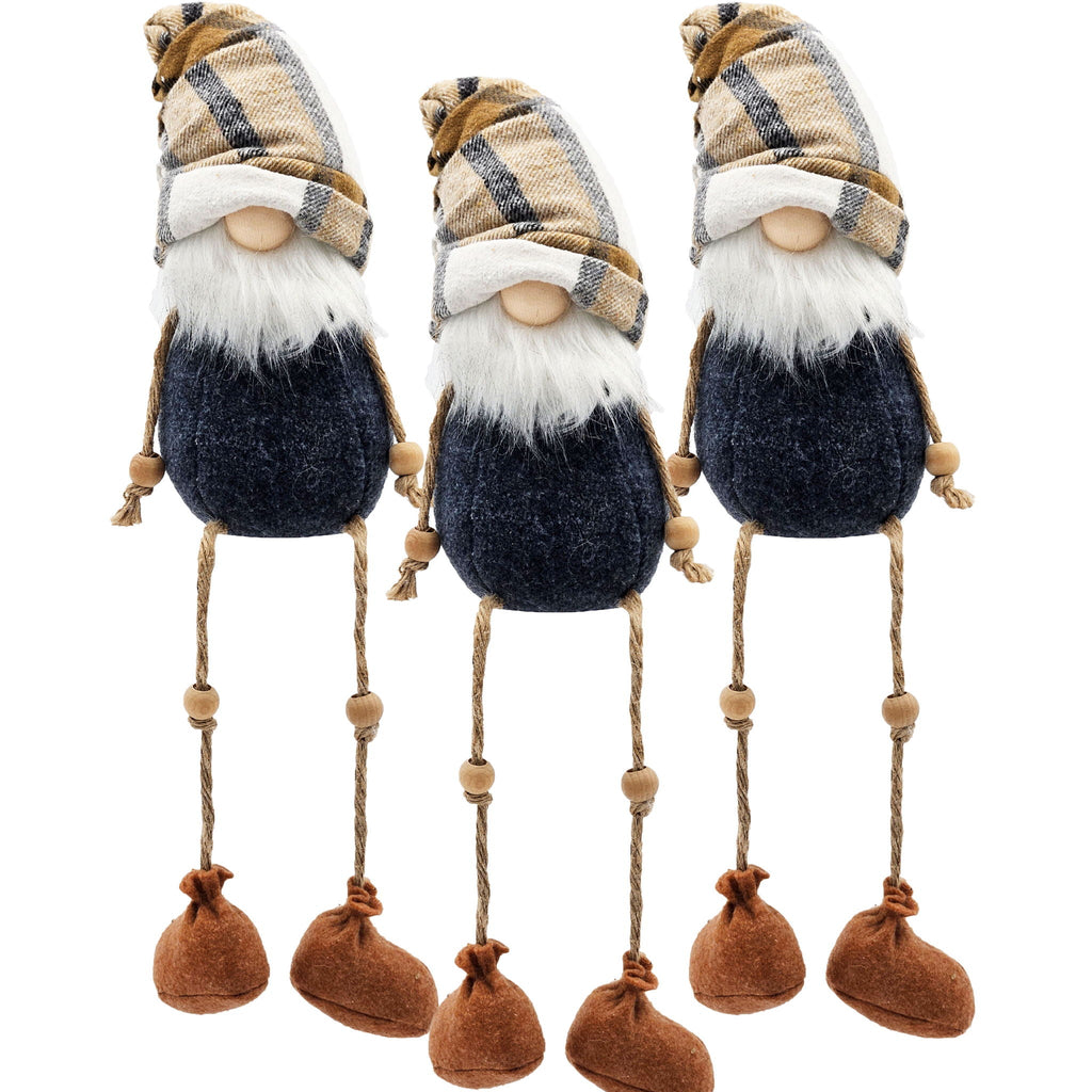 Set of three fall gnome ornaments with navy felt bodies and brown hanging legs