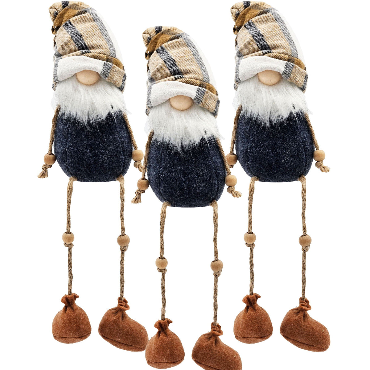 Set of three fall gnome ornaments with navy felt bodies and brown hanging legs