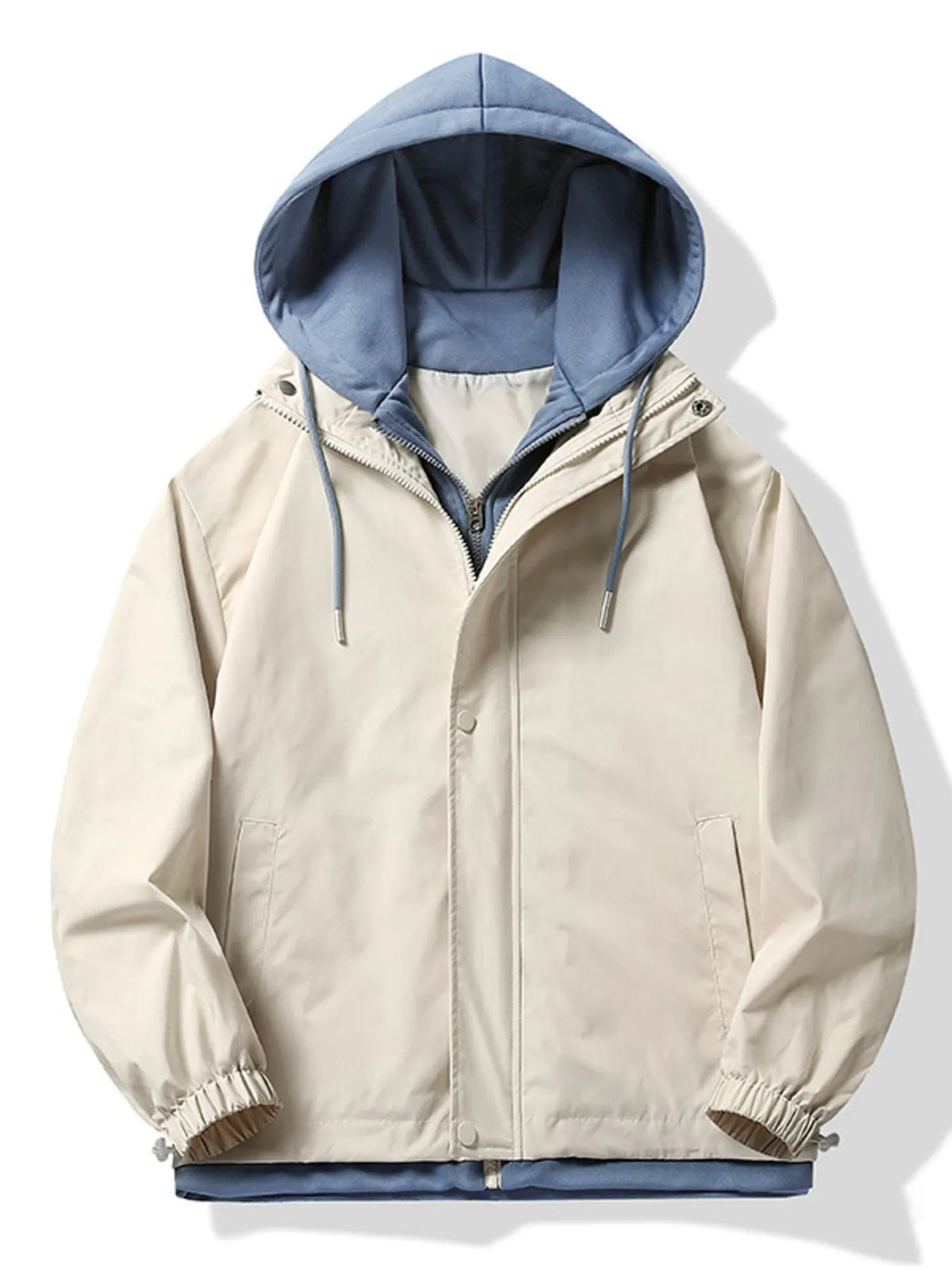 Light khaki windbreaker jacket with blue hood, front zipper, and ribbed cuffs