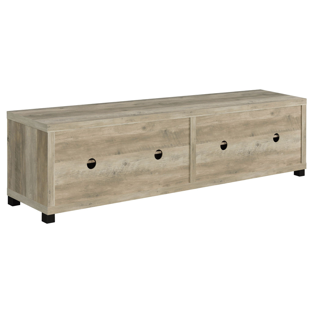 Distressed pine TV stand front with two drawers and black feet