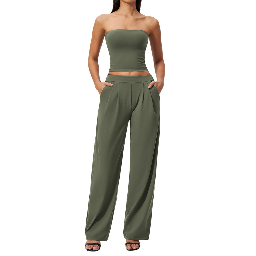 Deep olive green strapless yoga set with cropped bandeau top and high-waisted wide-leg pants