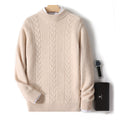 Men's wool half turtleneck cable knit sweater, light camel, ribbed cuffs and hem