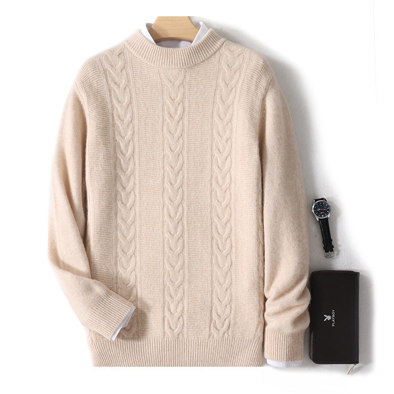 Men's wool half turtleneck cable knit sweater, light camel, ribbed cuffs and hem