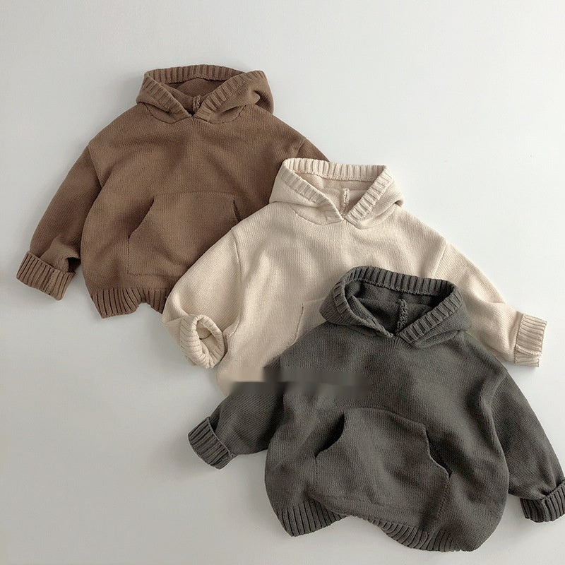 Children's knit hoodies set: brown, cream, and dark gray with ribbed cuffs and hood