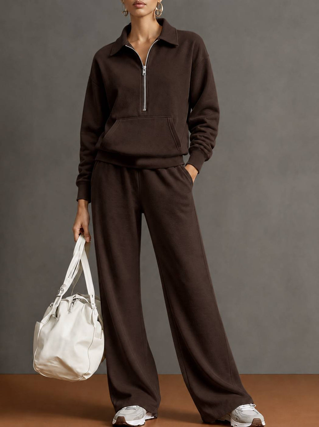 Women’s half-zip sweatshirt and wide-leg pants set, dark brown lounge outfit