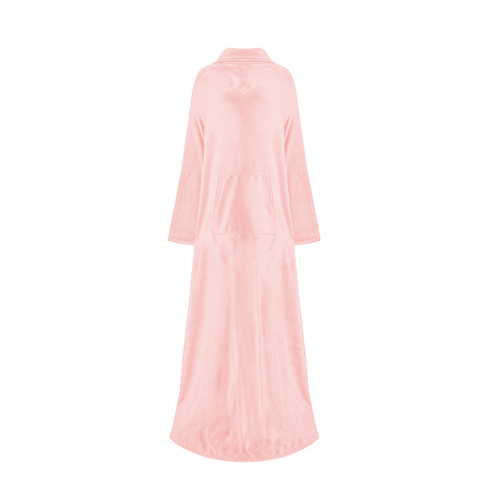 Pink long plush robe blanket with hood and full-length cut