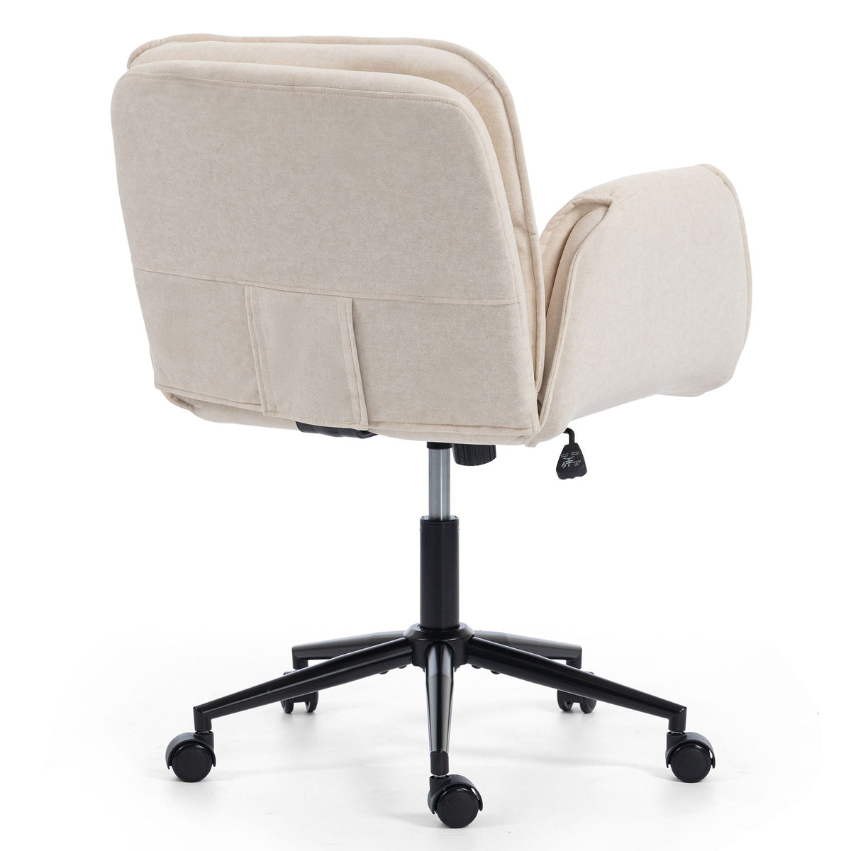 Light beige swivel desk chair with adjustable armrests, fabric seat, and caster wheels