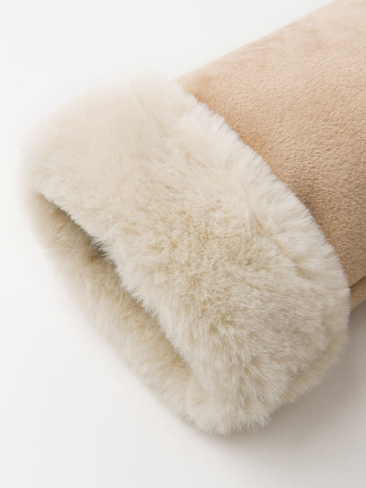 Camel jacket sleeve cuff with thick cream sherpa lining