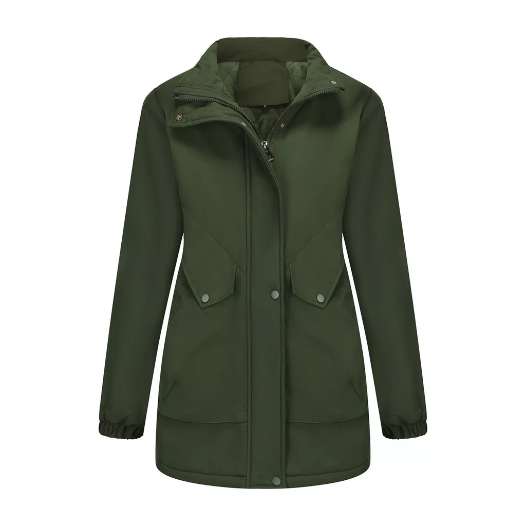 Plus-size winter parka, dark green with fur-trim hood and zip front
