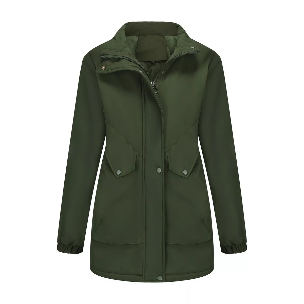 Plus-size winter parka, dark green with fur-trim hood and zip front