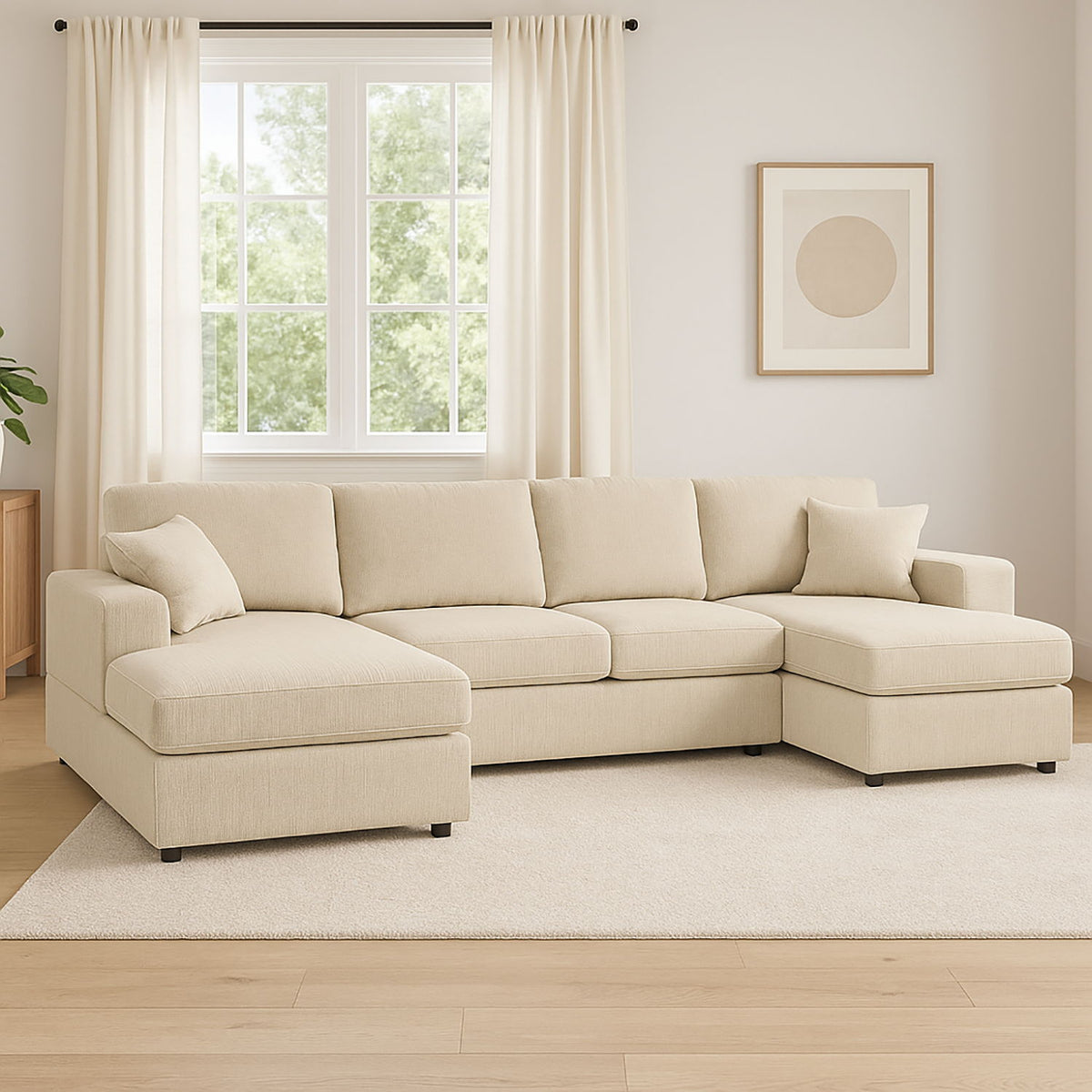 Beige sectional sofa with chaise ottoman and padded back and seat cushions