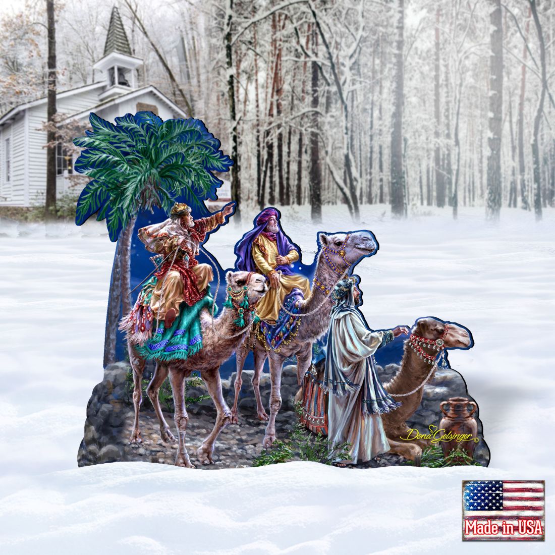 Outdoor nativity scene with three kings, camels, palm tree, and robed star figures