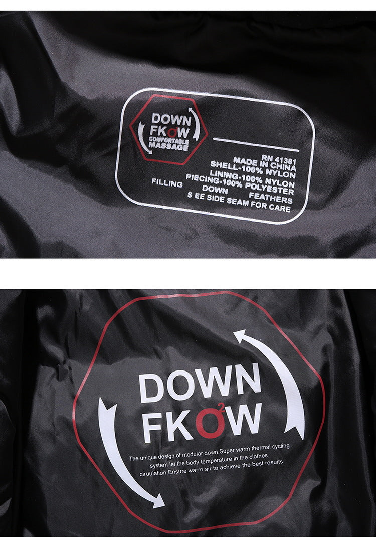 Orange winter coat lining with fabric tag and stamped DOWN F KOW details