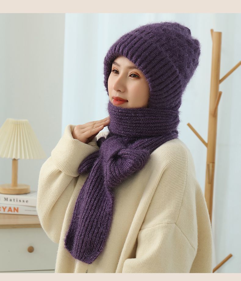Women’s knit winter hat and scarf set with hood, dark purple