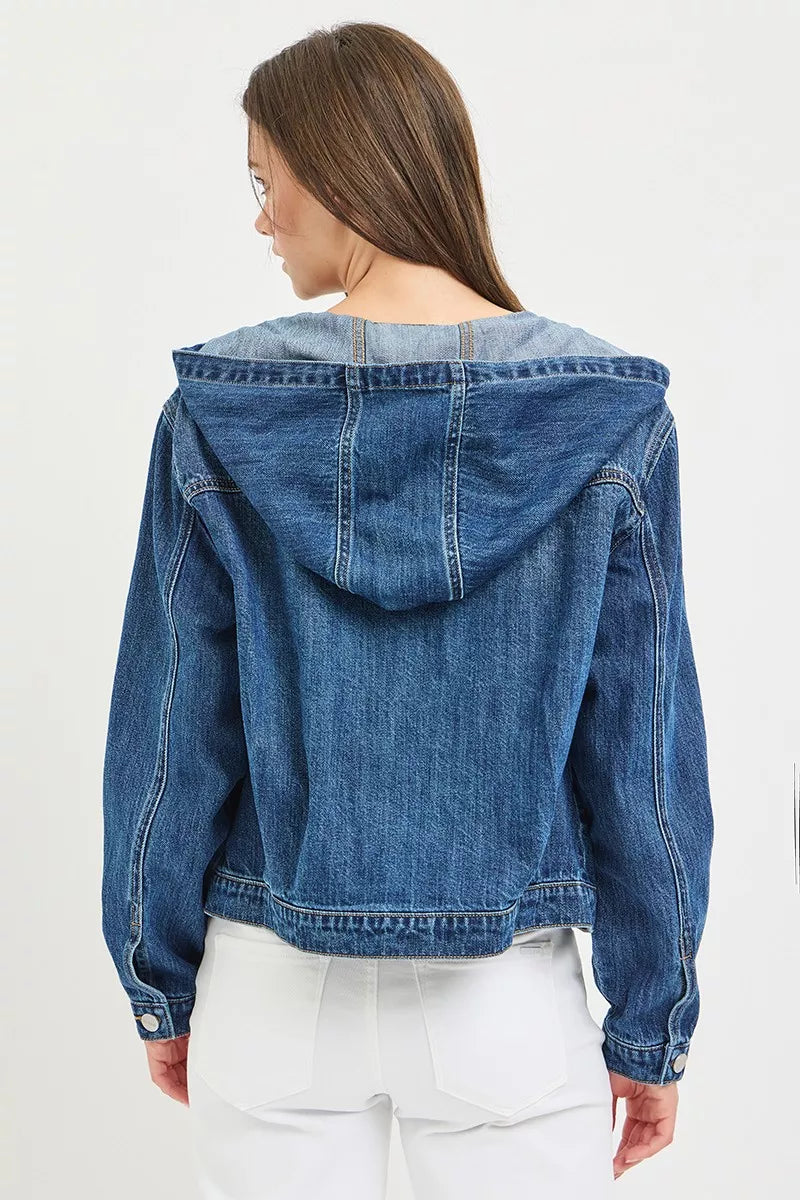 Back view of hooded medium-blue denim jacket with yoke and seam details