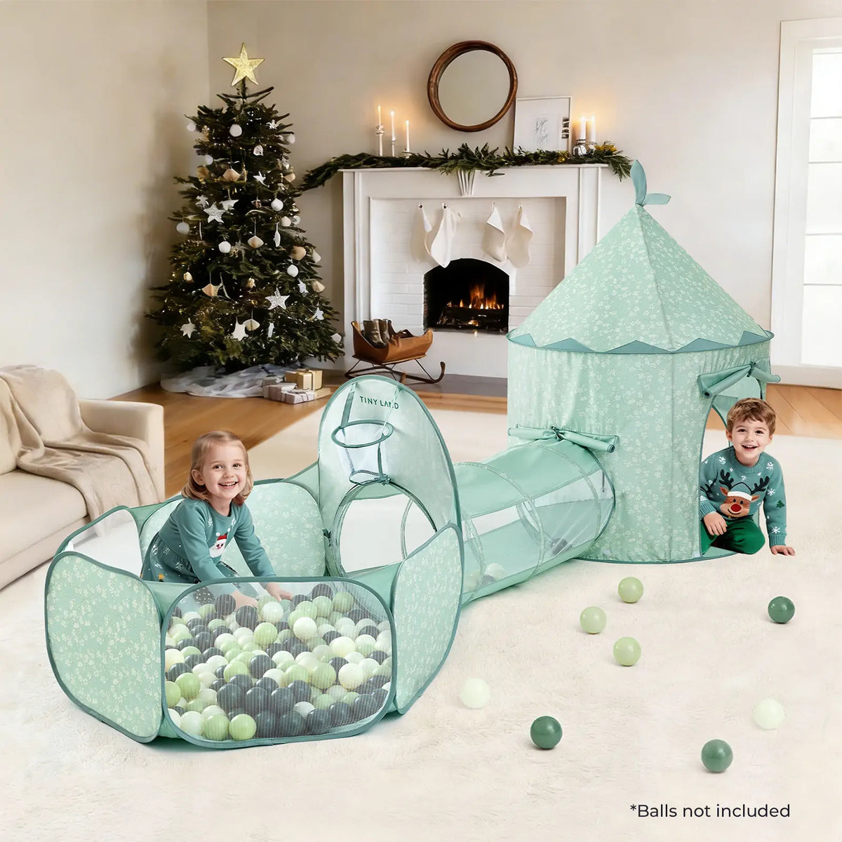 Mint-green 3-in-1 play tunnel set with tent and ball pit area; balls not included