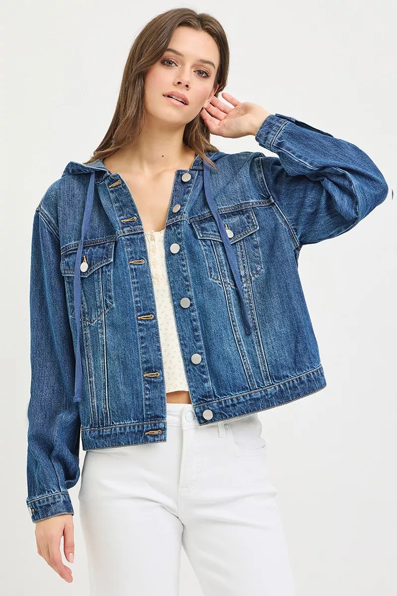 Hooded medium-blue denim jacket with button-front and flap chest pockets
