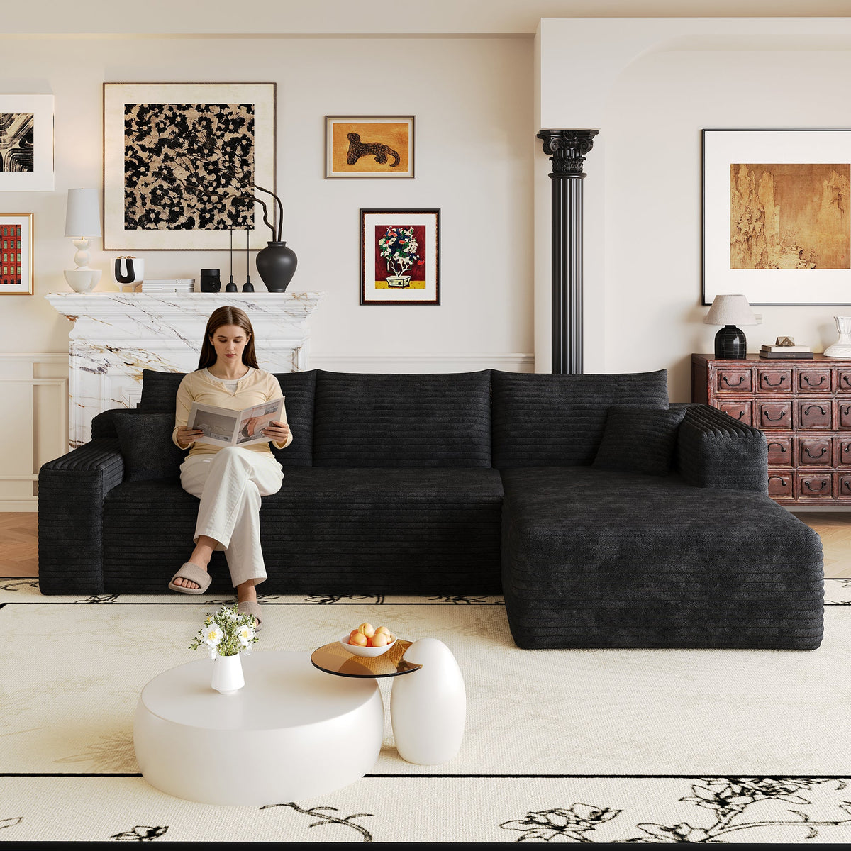 Modern sectional sofa with plush corduroy upholstery and deep cushioned seats
