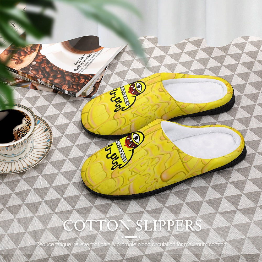 Cotton slippers with yellow printed uppers and white lining, slip-on with dark sole