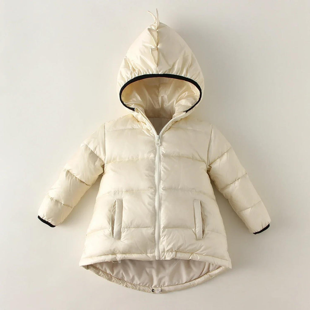 Beige hooded puffer jacket with full zipper, side pockets, and black-lined spiked hood
