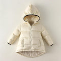 Beige hooded puffer jacket with full zipper, side pockets, and black-lined spiked hood