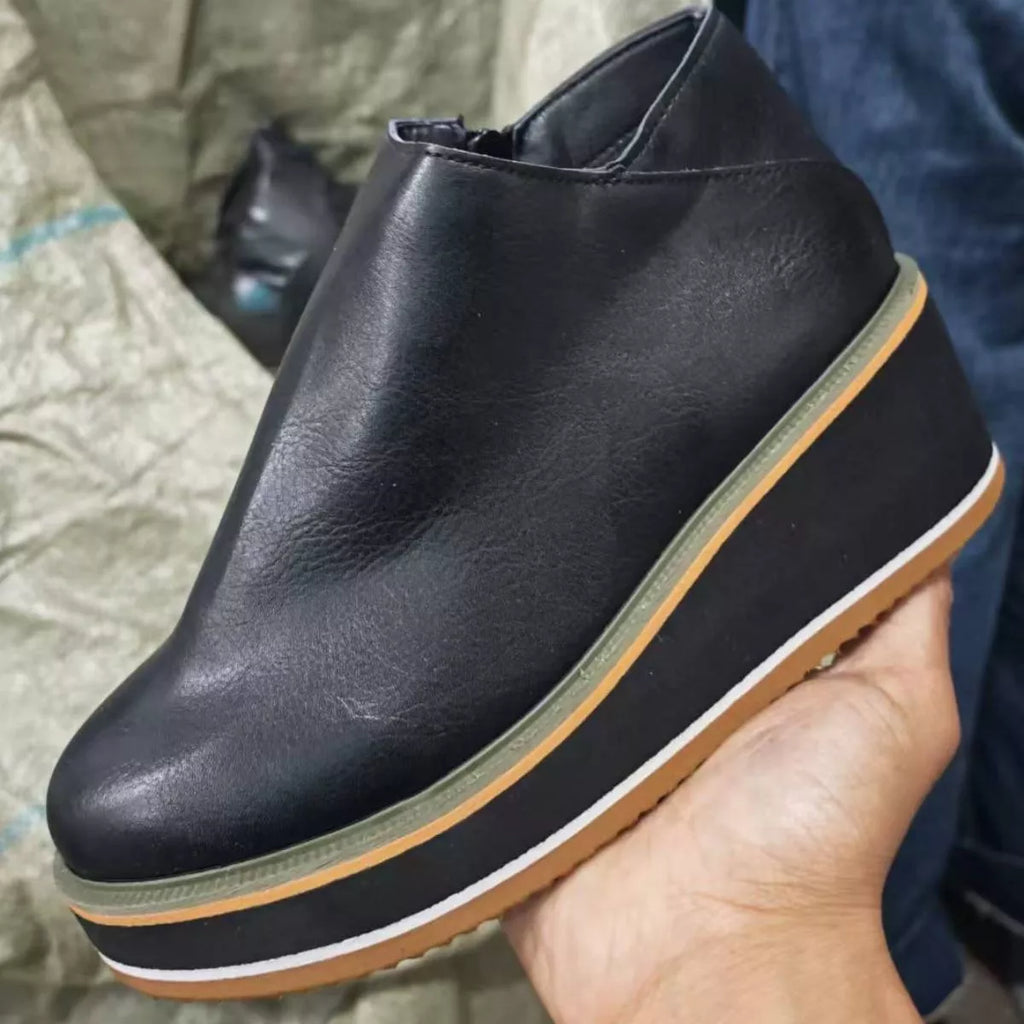 Dark blue ankle wedge boots with side zipper, dark upper and striped sole