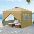 Tan pop-up canopy tent with sidewalls and window panels
