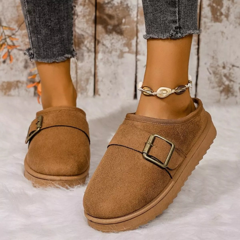 Caramel plush-lined slippers with front buckle strap and cushioned insole