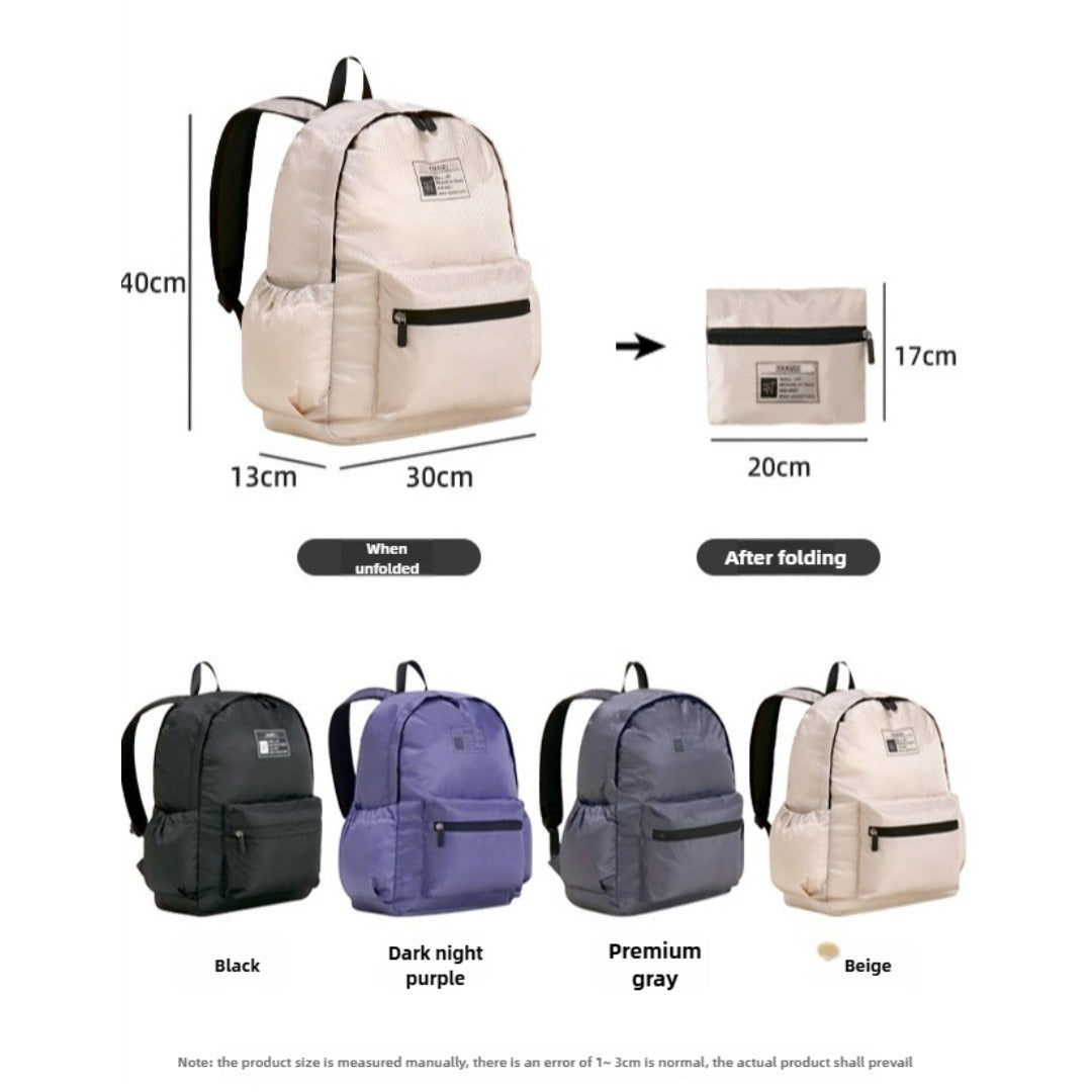 Foldable backpack size diagram with folded and unfolded views and color options.