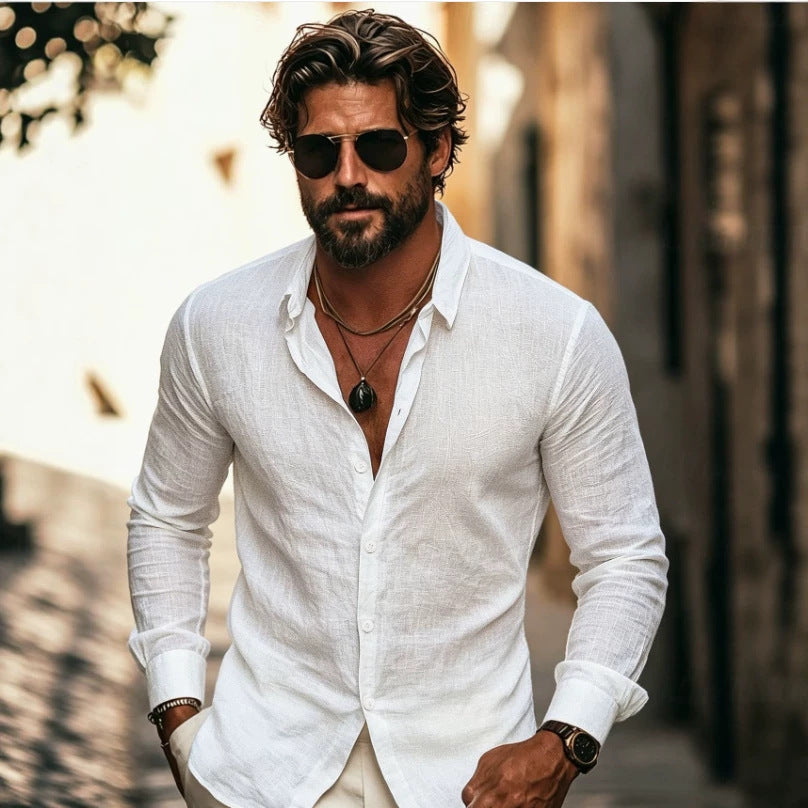 Men's white button-up shirt with open collar, long sleeves