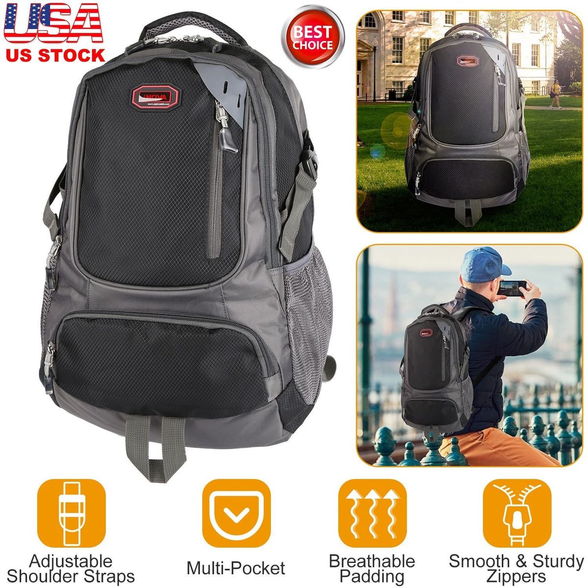 Gray backpack with front organizer panel, zip pockets, and adjustable shoulder straps