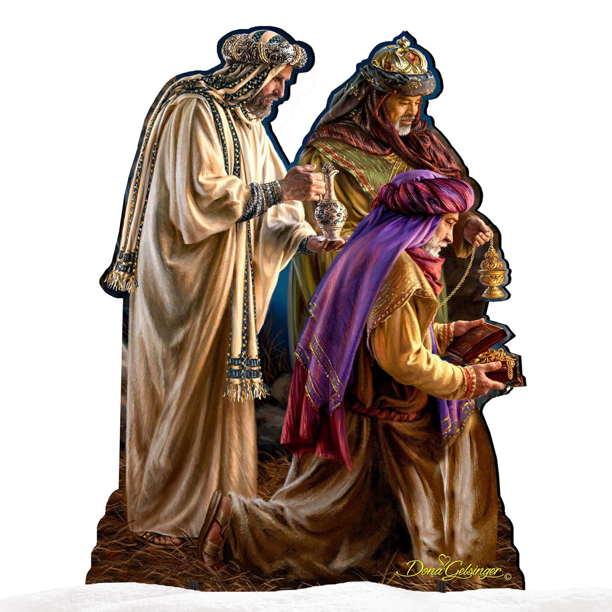 Three Kings nativity outdoor figurine set, detailed gold and purple robes on a base