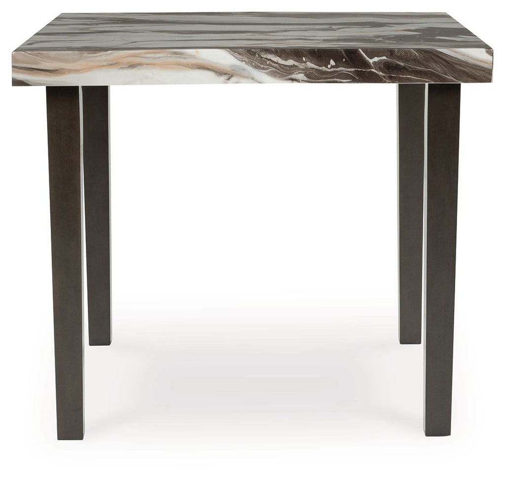 Square dining table with marble-look top and dark brown legs