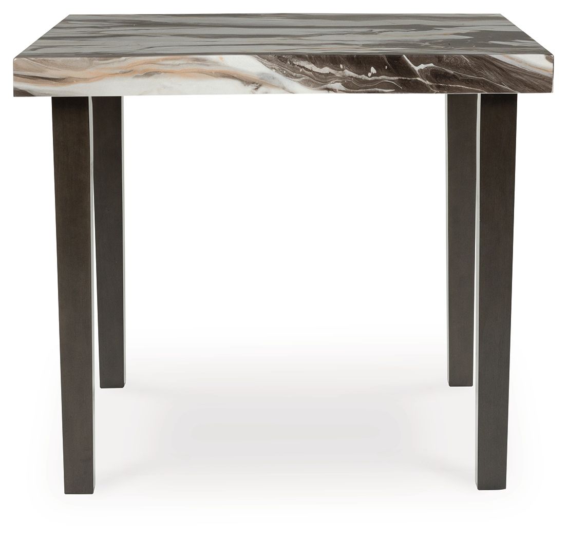 Square dining table with marble-look top and dark brown legs