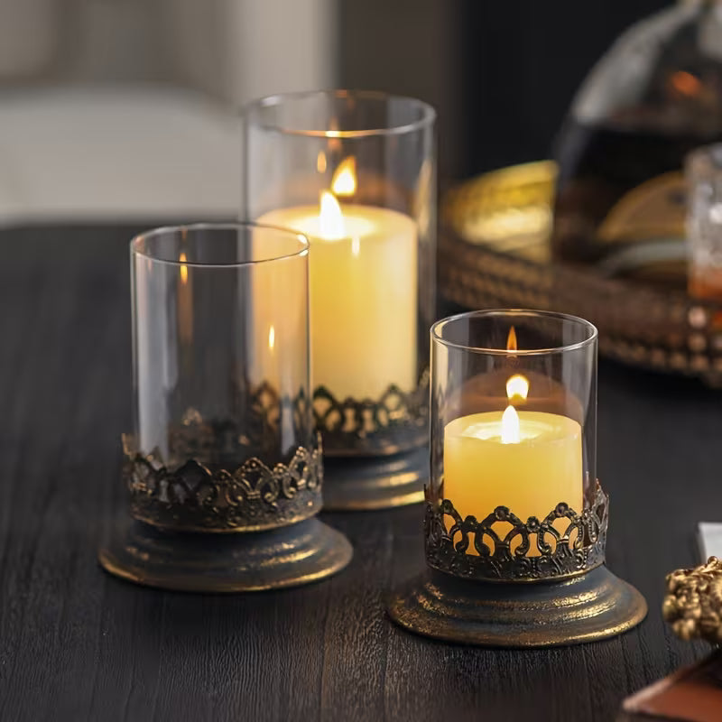 Glass candle holders set of 3 with ornate metal base, clear cylinder with dark band