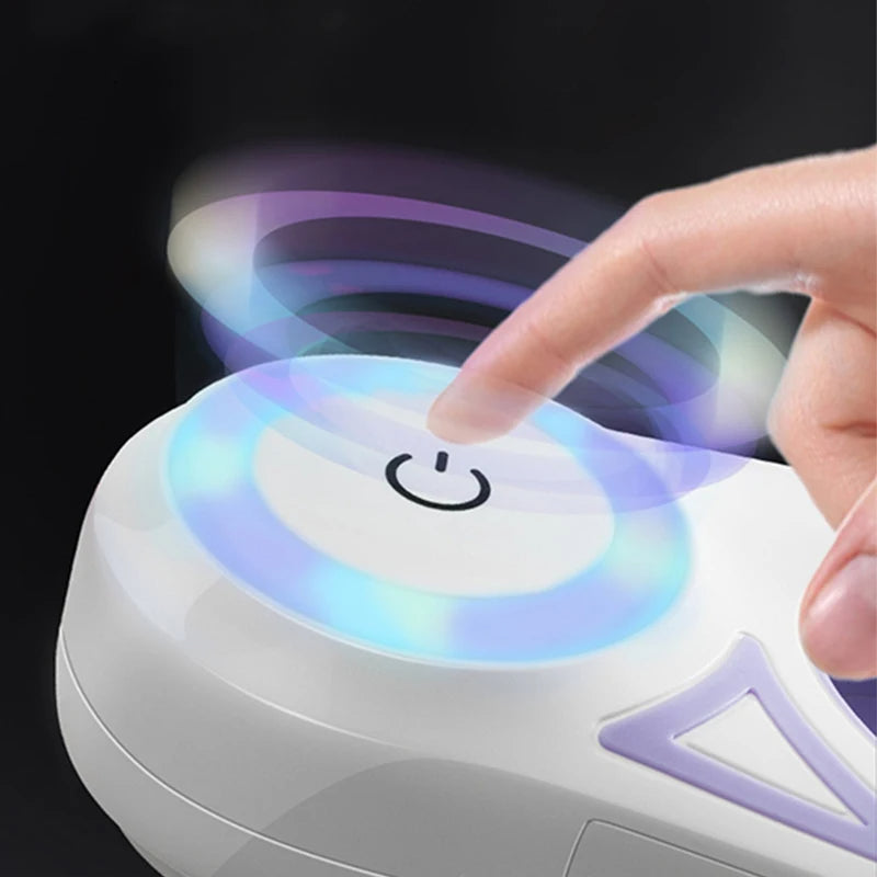 Purple LED retractable pet leash top close-up with glowing multi-color ring and power button