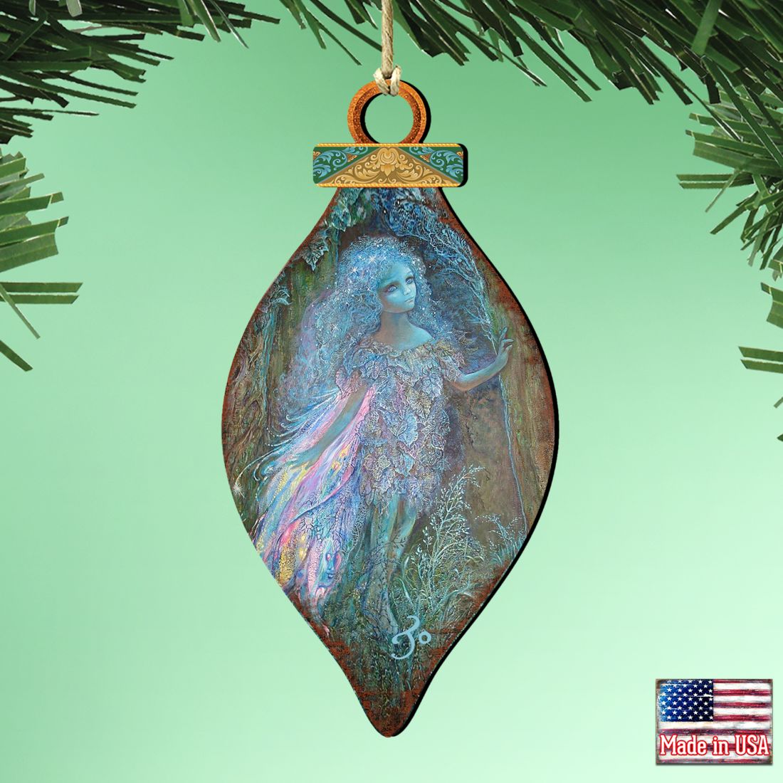 Teardrop wooden forest fairy ornament with blue fairy artwork, hanging loop, Made in USA.