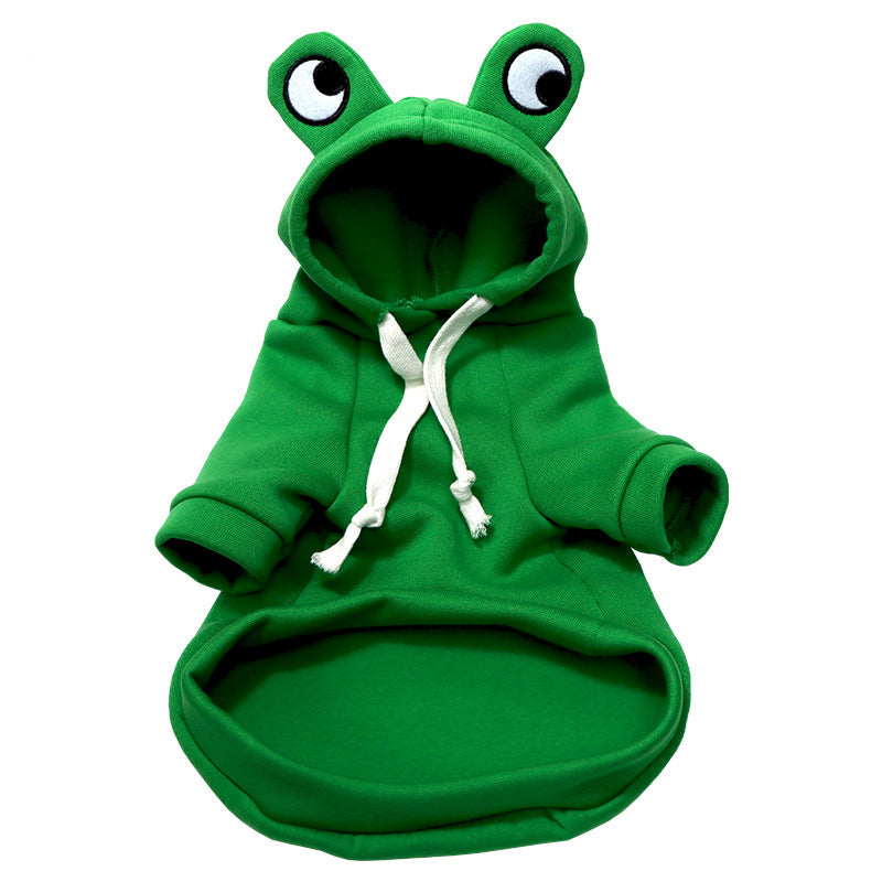 Green frog hoodie sweatshirt with cartoon eyes and white drawstring
