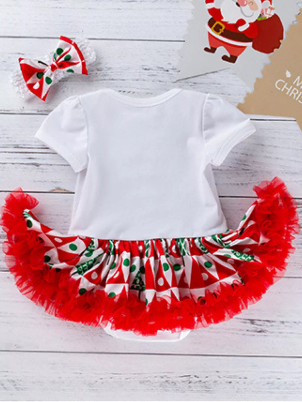 Children's Christmas reindeer one-piece dress with red tulle ruffle and striped hem